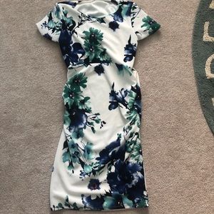 Pink blush maternity dress blue floral